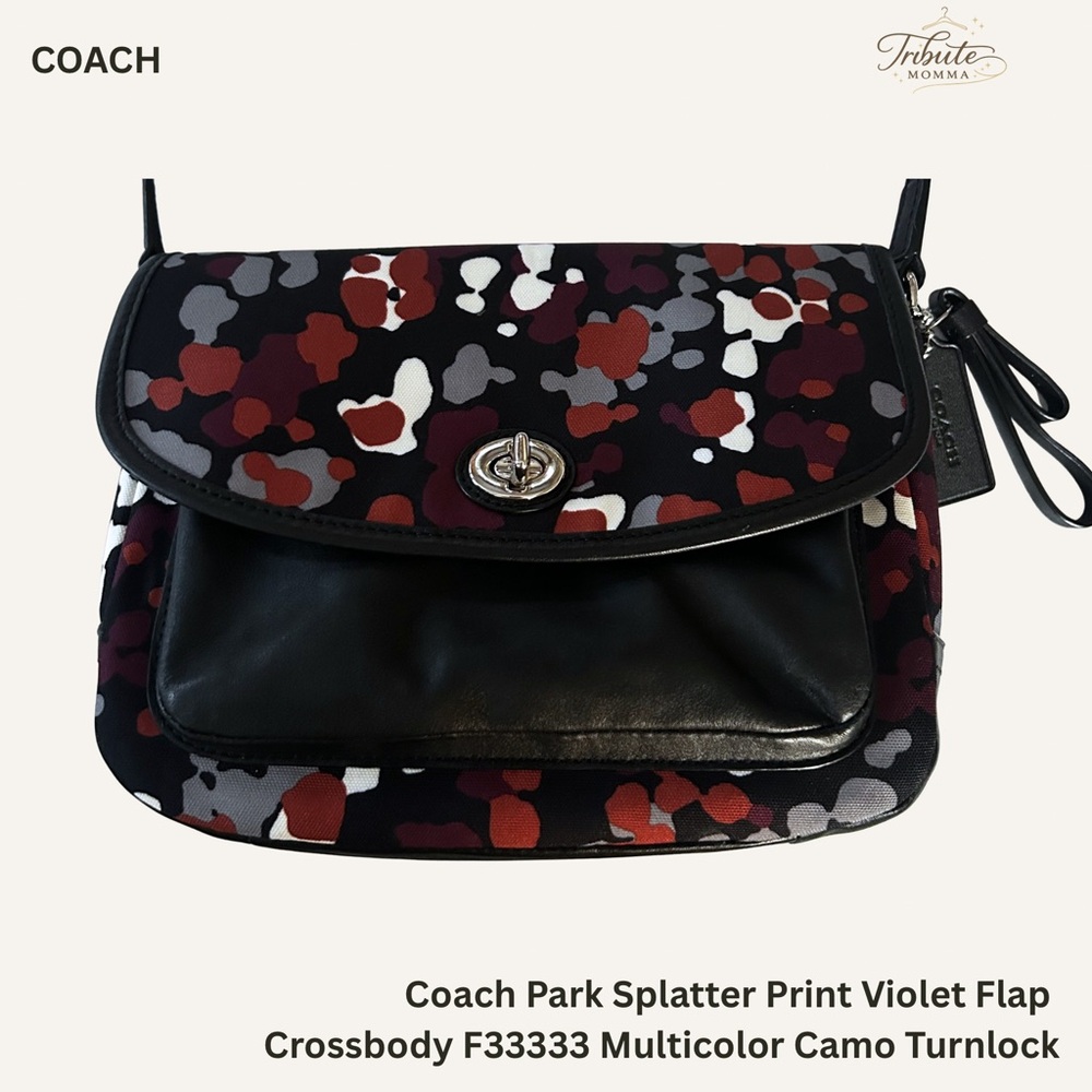 Coach Park Splatter Print Violet Flap Crossbody F33333 Multicolor Camo Turnlock